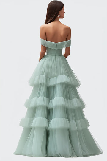 Light Green Ruffled Off The Shoulder Tulle Long Prom Dress
